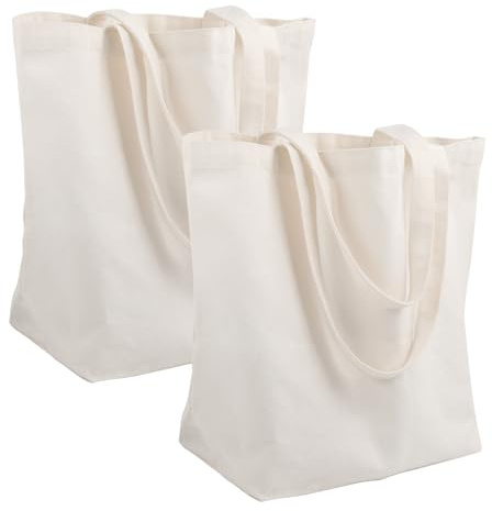 Fourindo 2-Pack Natural Beige Reusable Canvas Tote Bags, 45x35x15cm 100% Cotton Eco-Friendly Shopping Bags with Long Handles for Grocery, Travel & DIY​