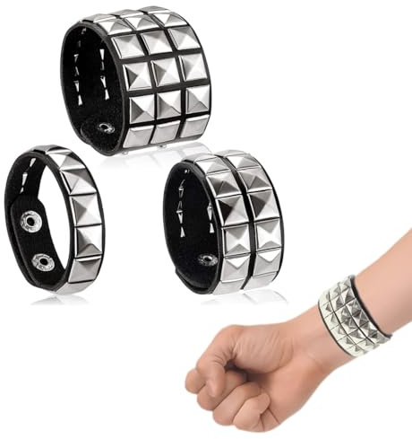 YUVKIN 3 Piezas Pulsera de Cuero con Tachuelas Punk Estilo Gótico Rock Ajustable para Hombres y Mujeres Cosplay Fiesta (Negro)