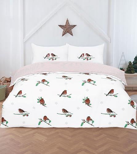 Rapport Home Robin on Holly Christmas Duvet Cover Set King Size | Reversible Festive with Candy Cane Stripe | Two Matching Pillowcases | Soft Microfibre