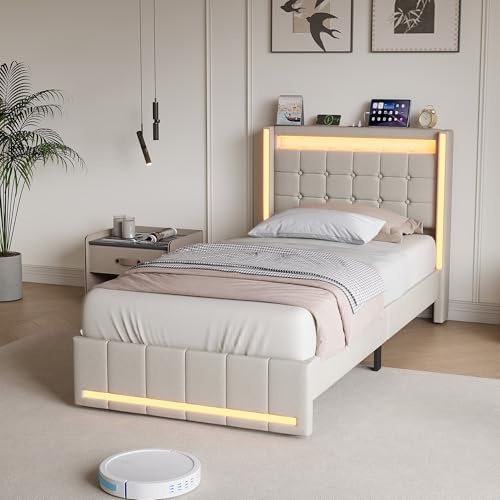 HYTKKBD Enkelsäng Stoppad, Enkelsäng 90x200 cm, Enkla Sängar med LED och USB, Sängstruktur med Förvaring och Huvudgavel, Sängbräda i Trä, Utan madrass, Beige