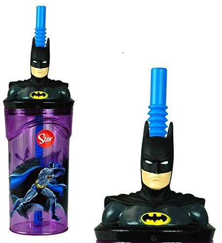 Batman 3D Figurine Plastic Tumbler Beaker with Flexi Straw - 360ml - 7cm Diameter x 14cm Height - Sturdy Novelty Enclosed Drinking Cup.