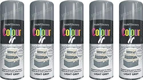 HitlineUK 5 X LIGHT GREY GLOSS PAINT AEROSOL SPRAY CAN QUICK DRYING PLASTIC METAL 400ML
