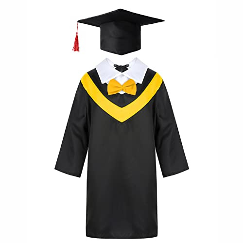 TiaoBug Costume Laureato Bambini Toga Abiti di Laurea Cappello con Nappa Laurea per Studenti di Scuola Elementare Media Linea Rossa/Gialla Costume Travestimento Festa Giallo 5-6 Anni