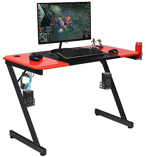 COSTWAY Scrivania da Gaming, Scrivania per Computer Ergonomico, con Porta Bicchiere, Gancio per Cuffie, Superficie in Fibra di Carbonio e Supporti Audio, 120 x 60 x 77 cm