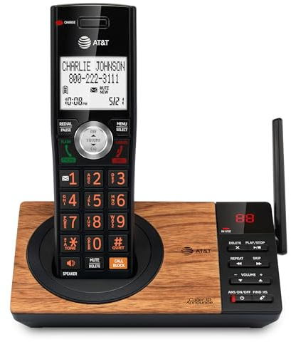 AT&T CL82167 Cordless Phone with Answering Machine, Call Blocking, Caller ID Announcer, Intercom and Long Range, Black & Wood Grain Finish