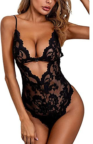 KOEMCY Lingerie Donna Sexy Babydoll Camicia da Notte Trasparente Intima da Notte Scollo a V Pizzo Sleepwear Aperto Lingerie Hollow Halter Lingerie Body Sexy (Nero, L)