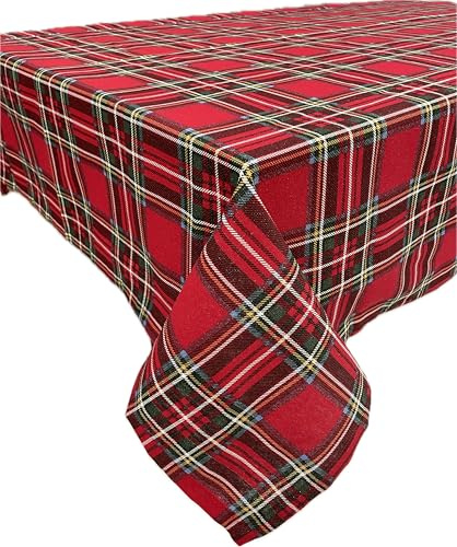 1KDreams Julbordsbordsduk skotsk Tartan i Lurex glittereffekt – modern och traditionell, bordsöverdrag. Röd. (90 x 90 cm)