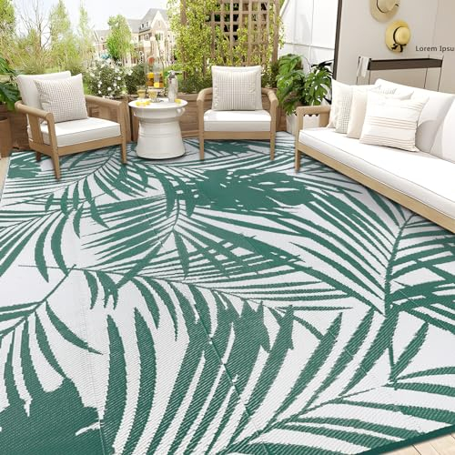 Famibay Tappeto per Esterno Motivo a Foglie Verdi Elegante Tappeto Impermeabile Eeversibili e Resistente ai Raggi UV per Giardino, Patio, Spiaggia, Picnic, Campeggio, Cortile 245 x 305 cm