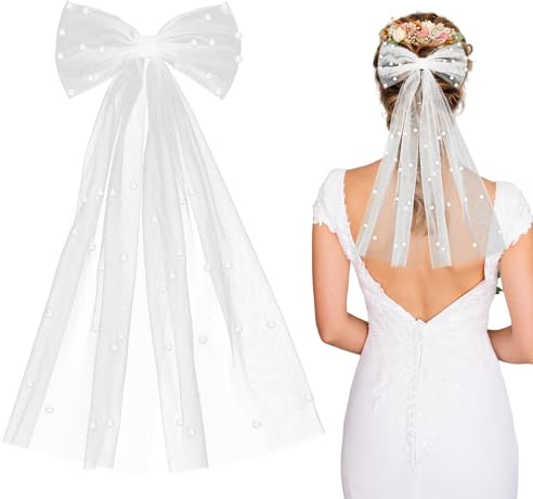Ouligay Braut Haarschleife Schleier,Brautschleier,Schleier Kurz Weißer Perlen Schleier mit Haarspange Braut Kurze Schleife Tüll für Junggesellenabschied Brautparty Hochzeit Zubehör