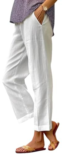 shownicer Pantalon de Lin Taille Haute pour Femmes Pantalons D'été 7/8 en Coton de Lin Ample Pantalon Léger Fluide Pants Décontracté avec Poches