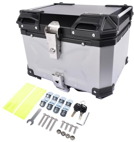 Bisenya 45L Motorrad Topcase Aluminium Motorrad Heckbox Reisen Motorradkoffer mit Sicherheitsschloss für Motorradhelm Helm, Wasserdicht Motorrad Top Box (Silber)