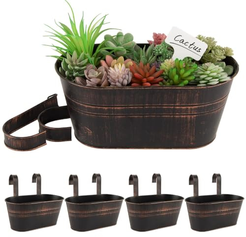 BOFUNX 4pcs Vasi di Fiori da Appendere Vasi di Metallo Esterno Vaso Sospeso Portafiori Pensili con Doppio Gancio Rimovibile per Balcone Recinzione Casa Decorazione