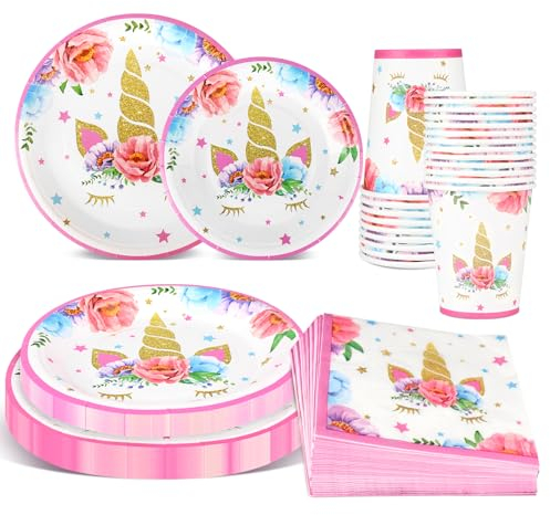 Lemicin Piatti e bicchieri di compleanno – Set di stoviglie di carta da 120 pezzi per 30 ospiti, forniture per feste per la decorazione di compleanno di ragazze