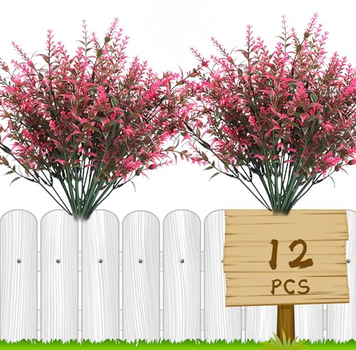 HBell 12 Bundles Outdoor Artificial Flowers UV Resistant Fake Boxwood Plants, Faux Plastic Greenery for Indoor Outside Hanging Plants Garden Porch Window Box Home Wedding Farmhouse Decor (Pink)