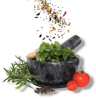 NOXO Marmor Mörser mit Stößel, Filzuntersetzer & Bambuslöffel (Ø 12cm, schwarz) - für Kräuter, Pfeffer, Pesto, Tabletten, Limetten, Knoblauch uvm. - Pestle and Mortar