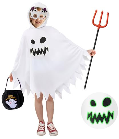 JOYUE Déguisement Halloween Fantôme Enfant, Costume Fantôme Enfants Cape Fantôme Blanche avec Sac à Main, Fourchette du Diable et Lunettes Fantômes, Cape Ghost pour Carnaval Cosplay Party (10-12 ans)