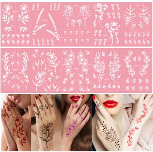XMASIR Lot de 10 feuilles de pochoirs de tatouage temporaire floral, pour le corps, les paillettes, tatouages temporaires au henné, autocollants réutilisables pour femmes, filles, adolescents (10P)