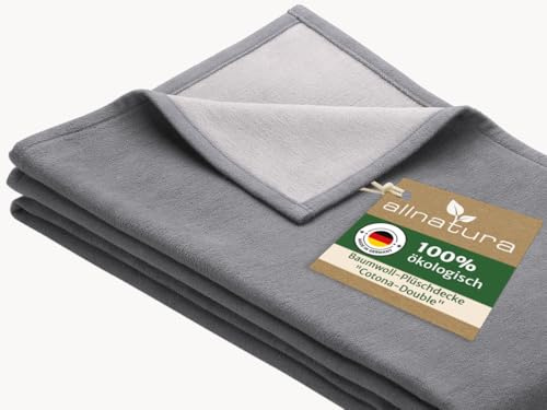 allnatura große flauschige Baumwoll-Plüschdecke Cotona-Double 140x200 cm in Grau, Made in Germany - nachhaltige Sofadecke 100 % Bio-Baumwolle - waschmaschinenfeste Wohndecke Couchdecke