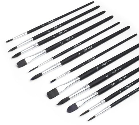 Elan Premium Aquarell Pinsel Set, 12-teilig Kurzstielige Synthetik Marderhaar Pinsel mit Katzenzunge, Flach, Rund & Linierpinseln für Aquarellmalerei