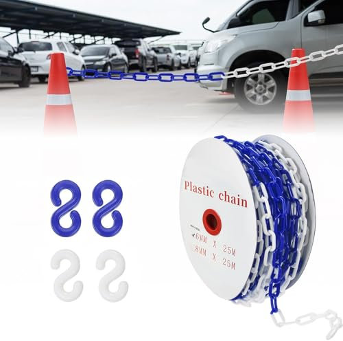 Cadena de seguridad de plástico de 25 m, 6 mm, con 4 ganchos en S, de plástico, para construcción, aparcamiento y mantenimiento de pedidos
