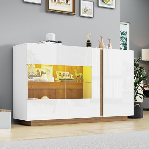 Aparador de alto brillo, aglomerado blanco con vidrio, base de madera, cómoda armario de pasillo, 138 x 38 x 90,5 cm