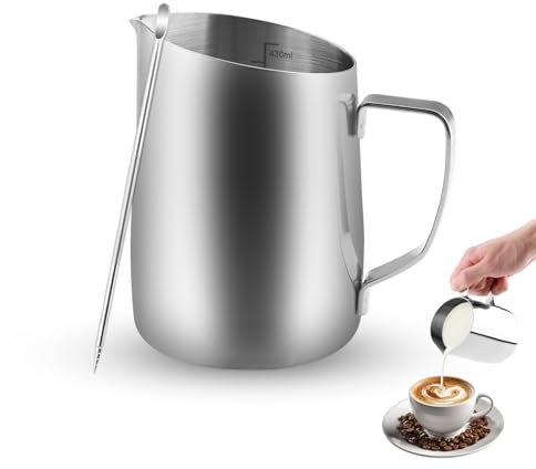 Zosenyer Bricco Latte Professionale, bollitore lattiera 450ml in Acciaio Inox con Marca di Misurazione e Penna per Latte Art, per Cappuccino, Latte e Espresso, Lavabile in Lavastoviglie