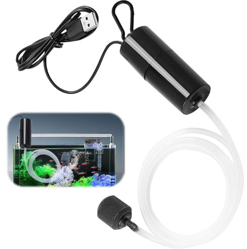 Mini USB Aquarium Air Pump, Portable Ultra Silent Bubble Oxygenator with Airstone Airline Tubing, Small Air Aerator Pump for Fish Tank (1W, Black)