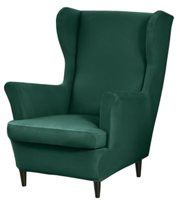 ABZDUNG 2 Pieces Stretch Wingback Chair Slipcover, Solid Color 1 Seater Sofa Cover with Cushion Cover, Washable for Reception Bar Living Room Bedroom(Verde Scuro)