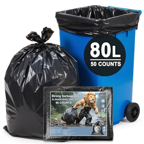 50 bolsas de basura negras de 80 x 90 cm, bolsas de basura resistentes, resistentes a desgarros y fugas, capacidad de 75 a 80 L, bolsas de basura extrafuertes para uso doméstico y comercial