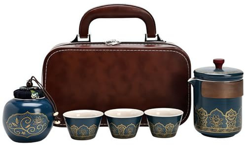 Service à thé de voyage en céramique - Service à thé chinois portable avec théière, 3 tasses, boîte à thé et étui en cuir - Idéal pour matcha, thé en vrac, bureau, voyage, voiture - Cadeau pour les