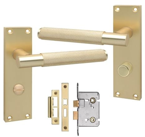 Golden Grace Victorian T-Bar Knurled Bathroom Lock Door Handles with Bathroom Mortise Lock Satin Brushed Brass Finish