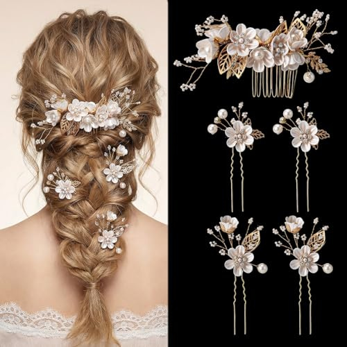 5 Pcs Bridal Flower Hair Accessories for Women Wedding Hairclips With Pearl Decorations Elegant Bridal Hair Pins White Flower Gold Leaf Pearls Clips for Brides Bridesmaids Updo