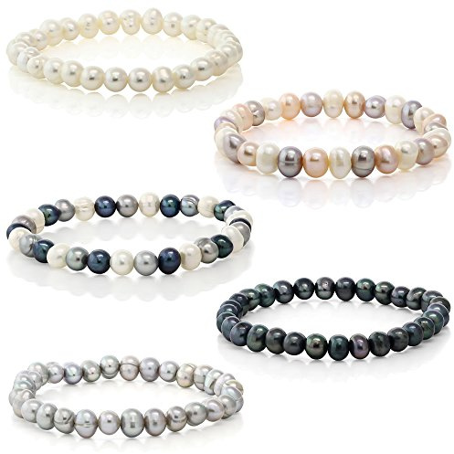 Gem Stone King Set Of 5 Multicolor Cultured Freshwater Pearl Stretch Bracelets 7.5 Inch