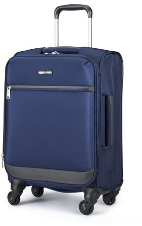 Amazon Basics 18 Medium Carry-On Softside Expandable Luggage Suitcase with Wheels, Four 360-Degree Spinner Wheels, Zippered Pockets, Telescopic Handle, Navy Blue