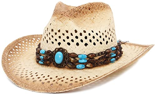 GEMVIE Unisex Straw Cowboy Hat Womens Wide Brim Beach Fedora Straw Hat Western Cowboy Cowgirl Sun Hat