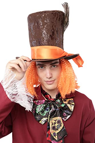 Sombrero Loco de Copa con Peluca Naranja Incorporado, Sombrero Chistera con Cinta Naranja y Pluma de Pavo Real para Disfraces de Carnaval Halloween y Fiestas Temáticas