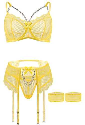 Aranmei Sexy Femme Ensemble Lingerie Jarretière avec Porte Jarretelles Dentelle Soutien-Gorge et Culotte Ensemble