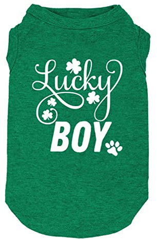 Dog Apparel Lucky Boy Letter Print Clover Shirts for Small Large Dog Vest Puppy Gift St Patrick's Day Costume (Small, Green01)