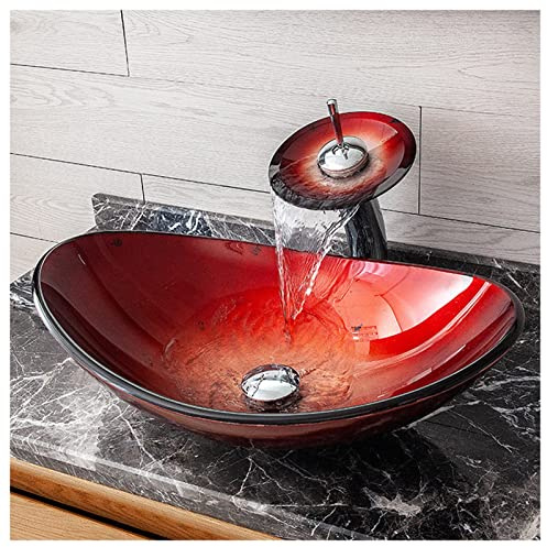 Hot Smält Röd Konstnärlig Formad Badrum Handfat Härdat Glas Oval Vasel Tvättställ Set Badrum Tvättställ Och Kran Combo