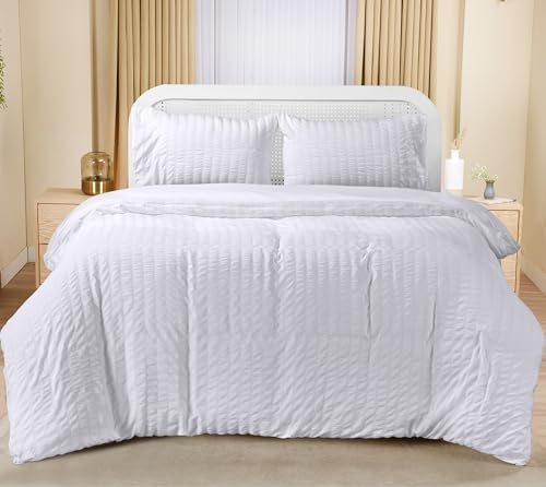 Utopia Bedding Seersucker Bettwäsche 200x200 Set - Mikrofaser Polyester Bettbezug 200x200 cm + 2 Kissenbezüge 50x75 cm - Weiß