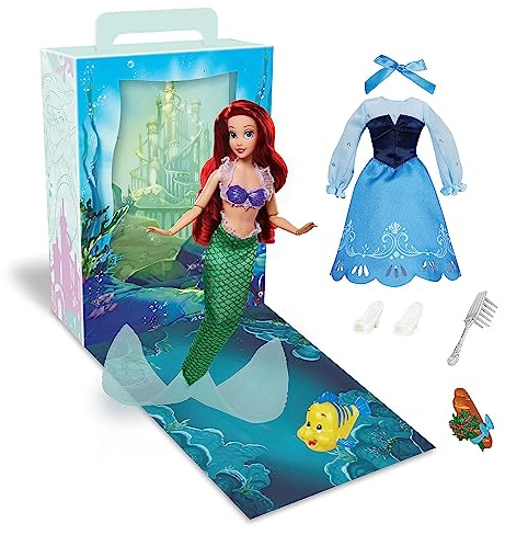 Disney Store Offizielle Ariel Storybook Kollektion Puppe, Die Kleine Meerjungfrau, 28 cm, Mit Flounder, 2 Outfits, Accessoires, Malbogen für Aktivitäten und Spiele, für Kinder ab 3 Jahren
