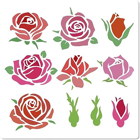 GORGECRAFT 18 x 18 cm rosblommor stencil blommor löv mallar rosett blommiga knoppar blomster rosmönster återanvändbar fyrkantig plast schabloner skylt för målning på duk tyg scrapbooking gör-det-själv
