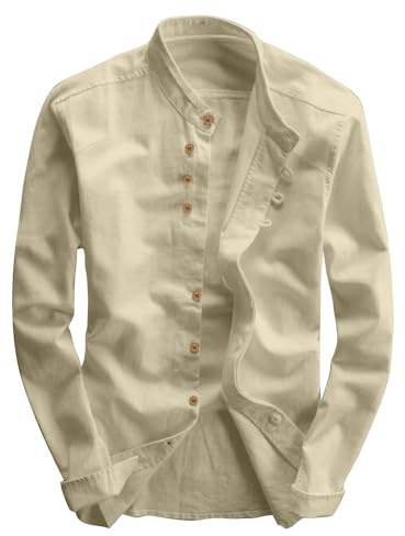 RUMAOZIA Camicia in lino, a maniche lunghe, Katana, da uomo, stile giapponese, con colletto alto, slim fit, in lino, in cotone, per il tempo libero, da uomo, casual, traspirante, classica