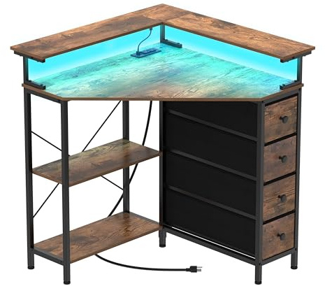 VENNQD Corner Desk with Drawers Shelves for Small Space 90 Degrees Triangle Computer Desk with Power Outlets,Gaming Desk with LED Lights Monitor Stand for Home Office Workstation Writing Table (Brown)