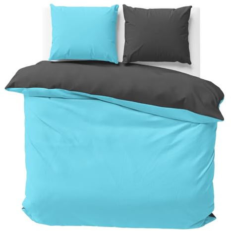 Visaggio Wende Bettwäsche Mikrofaser 200x220 cm + 2X Kissenbezug 80x80 cm Türkis Anthrazit Bettbezug Set Partnerbettwäsche Allergiker geeignet Atmungsaktiv