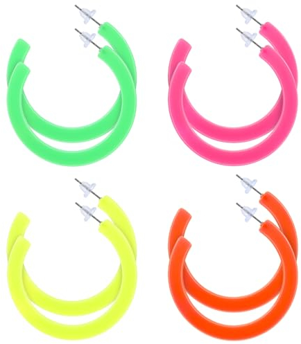 Tyqour 4 Pairs 80s 90s Earrings for Women Neon Earrings Neon Party Outfits Retro Colored Hoop Earrings for Women 80s 90s Neon Outfit Accessories