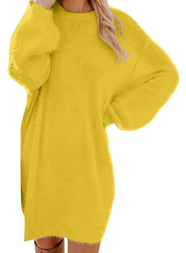 Robe Pull Femme Chic et Elegant Robe Hiver Femme à Manche Longue Col Rond Couleur Unie Doux et Confortable Pas Cher Pull Longue Femme Sweater Dress