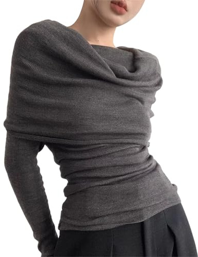 Hanaoops Women's Tops Off Shoulder Long Sleeve Tight T-Shirt Y2K Tunic Knit Pullover Sweater Casual Solid Color Jumper Basic Blouse Going Out Crop Clothes for Ladies Girls
