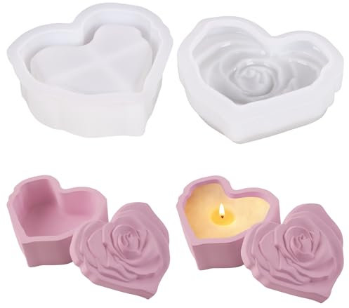 2pcs/Set Heart Jar Resin Mold with Rose Lid Flower Shape Box Silicone Mould Candle Holder Mold DIY Jewelry Storage Case Mold Heart Home Decor Epoxy Resin Crafts Casting Mould