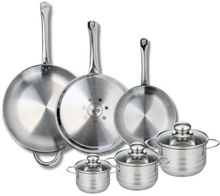 ELO 9886050 Batterie de cuisine 6 pièces, Ensemble de 3 Poêles de cuisson 24, 28 et 32 cm et 3 faitouts 12, 14 et 16 cm Elo Profi Brillant, inox, induction
